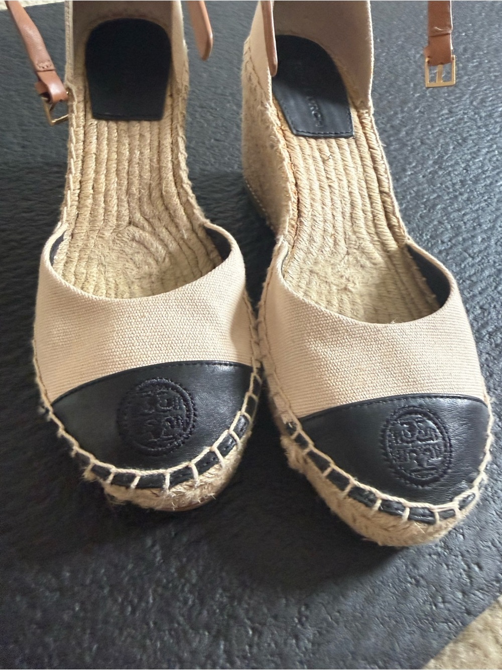 Tory Burch Beige Canvas Espadrille Wedges with Black Leather Toe